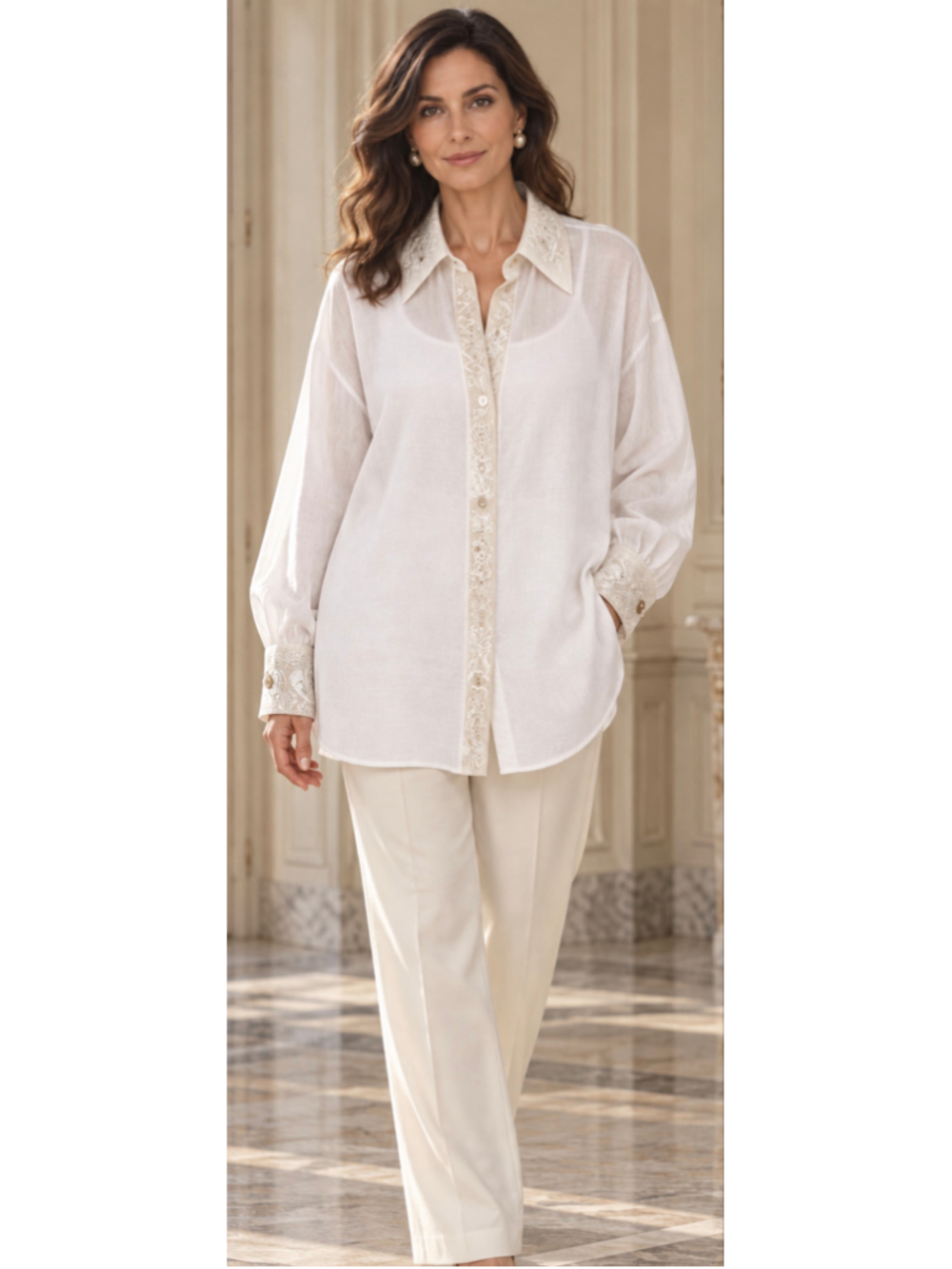 Emilio Pucci Button Down Shirt Size 6 White Beige Embroidered Silk Blend Italian